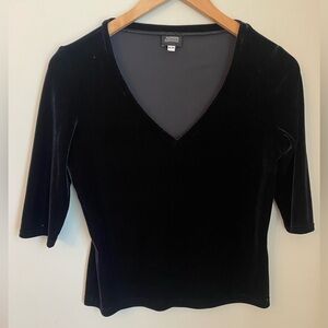 Vintage Y2K Jacob Black Velvet V-Neck Top Blouse 90s M Fitted Stretch Retro